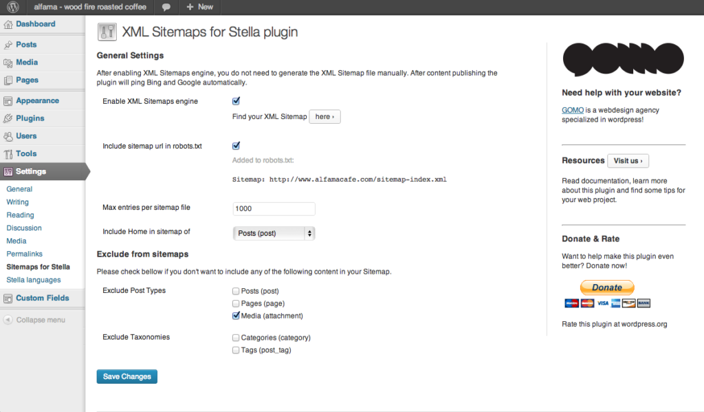 Admin screen of XML Sitemap for Stella plugin